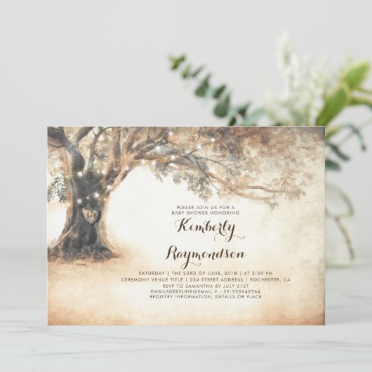 Rustieke eiken boom en String Lights Baby shower Kaart (Staand voorkant)