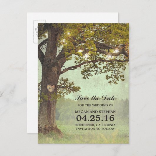 Rustieke eiken boom en String Lights Save the Date Aankondigingskaart (Voorkant / Achterkant)
