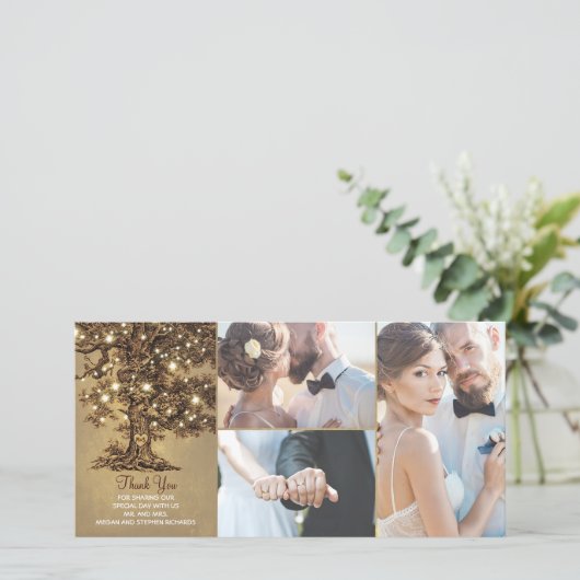 Rustieke eiken boom lichten bruiloft dank u bedankkaart (Staand voorkant)