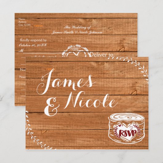 Rustieke eiken hout & hart stomp foto bruiloft RSV Uitnodiging Briefkaart (Voorkant / Achterkant)