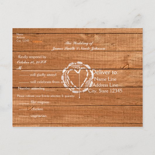 Rustieke eiken hout & hart stomp foto bruiloft RSV Uitnodiging Briefkaart (Achterkant)