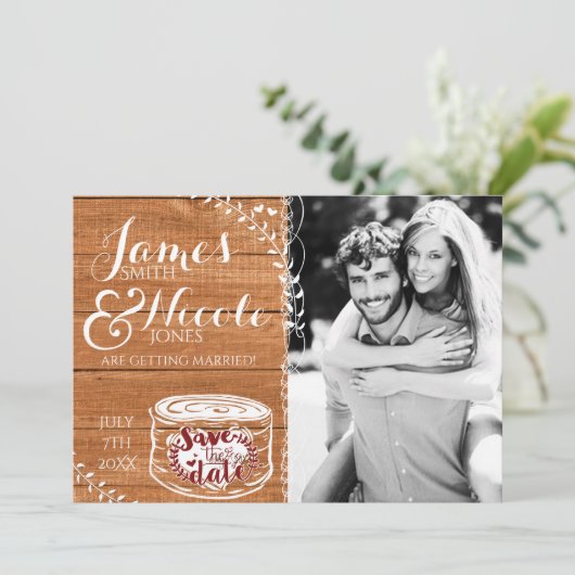 Rustieke eiken hout & hart stomp foto Save the Dat Kaart (Staand voorkant)