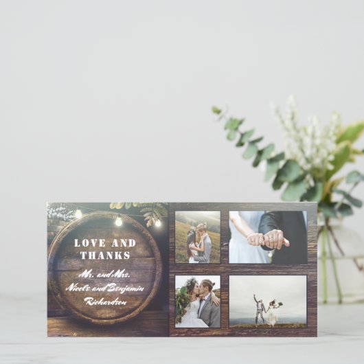 Rustieke eiken vat land bruiloft dank u bedankkaart (Staand voorkant)