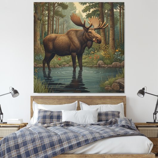 Rustieke elanden boho bos bos bomen groen canvas afdruk (Insitu (Slaapkamer))