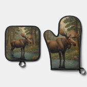 Rustieke elanden herten boho bos groen ovenwant & pannenlap set (Voorkant)