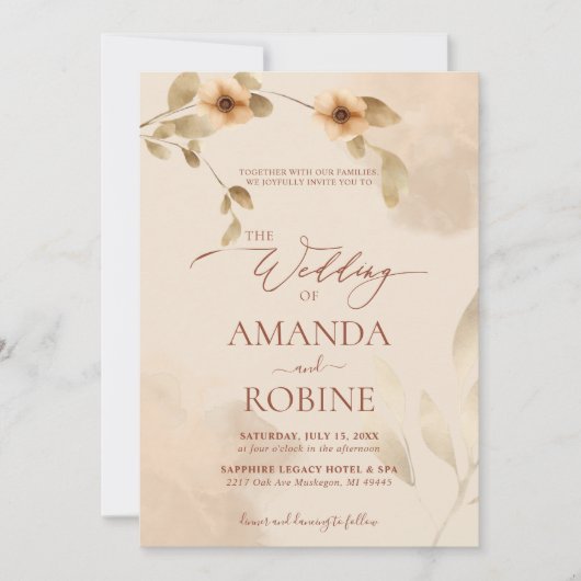 Rustieke Elegante Beige Bruine Huwelijksuitnodigin Kaart (Voorkant)