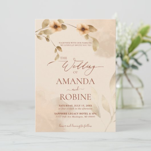 Rustieke Elegante Beige Bruine Huwelijksuitnodigin Kaart (Staand voorkant)