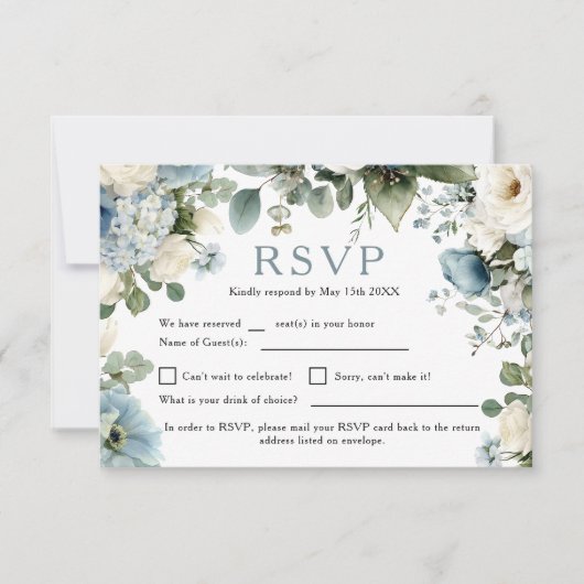 Rustieke Elegante Blauwe Hydrangea Ivoor Roos Wedd RSVP Kaartje (Voorkant)
