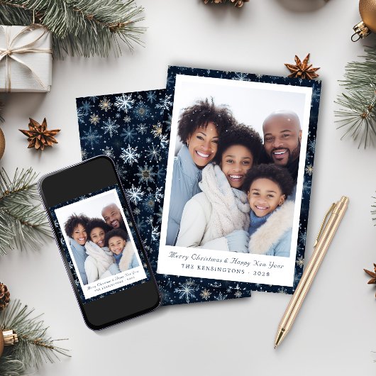 Rustieke Elegante Blauwe Sneeuwvlokken Vakantiefot Feestdagenkaart