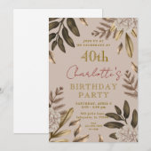 Rustieke Elegante Bloemen 40ste Verjaardag Uitnodi Kaart (Voorkant / Achterkant)