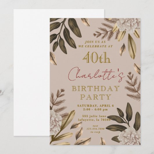Rustieke Elegante Bloemen 40ste Verjaardag Uitnodi Kaart (Voorkant / Achterkant)