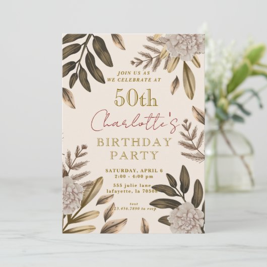 Rustieke Elegante Bloemen 50ste Verjaardag Uitnodi Kaart (Staand voorkant)
