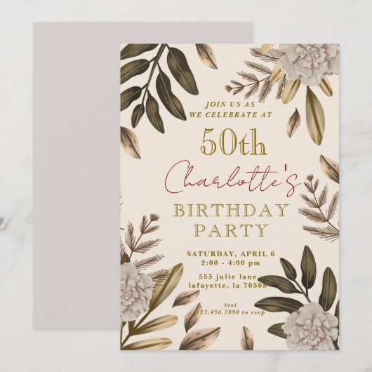 Rustieke Elegante Bloemen 50ste Verjaardag Uitnodi Kaart (Voorkant / Achterkant)