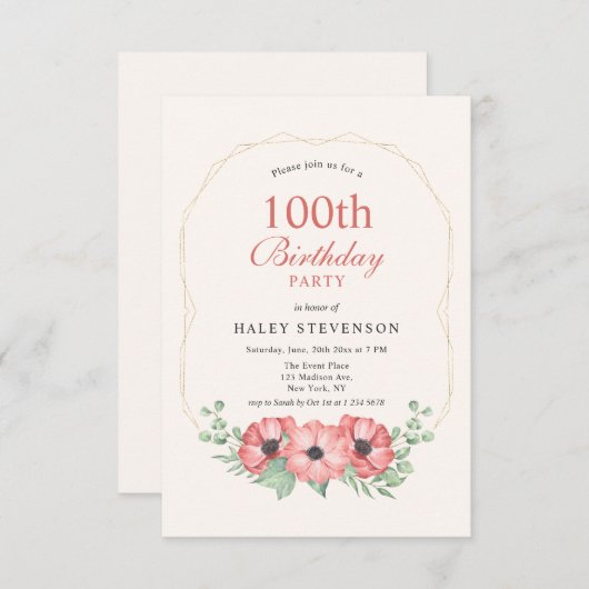 Rustieke Elegante Blush Roze Bloemen 100e Verjaard Kaart (Voorkant / Achterkant)