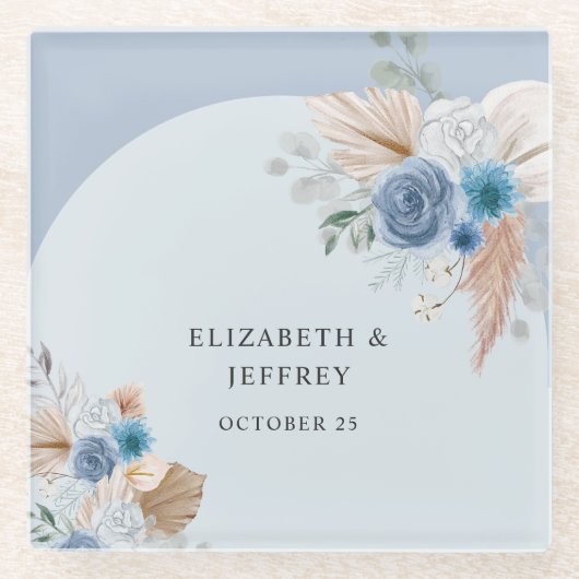 Rustieke Elegante Boho Dusty Blue Pampas bruiloft Glazen Onderzetter (Voorkant)