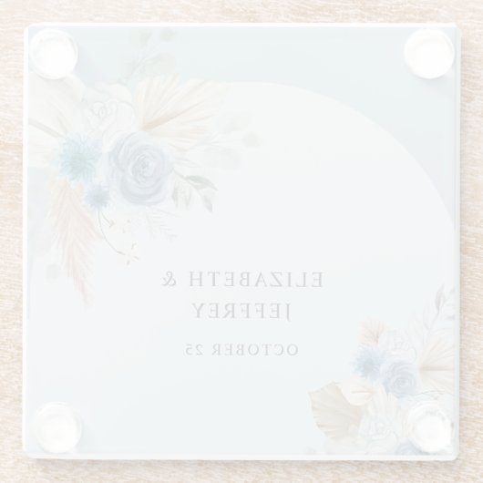 Rustieke Elegante Boho Dusty Blue Pampas bruiloft Glazen Onderzetter (Achterkant)