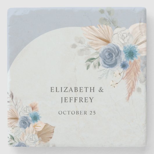 Rustieke Elegante Boho Dusty Blue Pampas bruiloft Stenen Onderzetter (Voorkant)