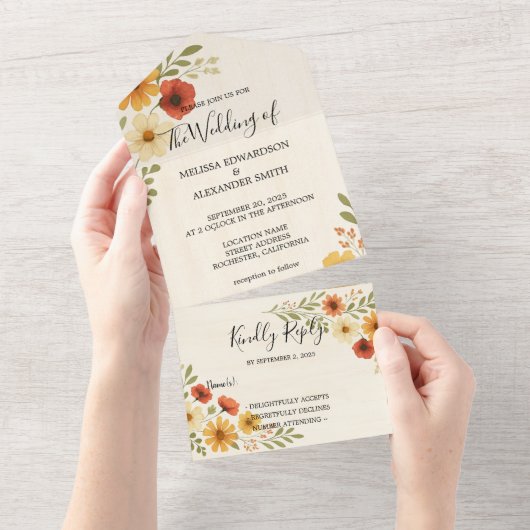 Rustieke elegante boho waterverf bloemenbruiloft all in one uitnodiging (Afscheurbaar)