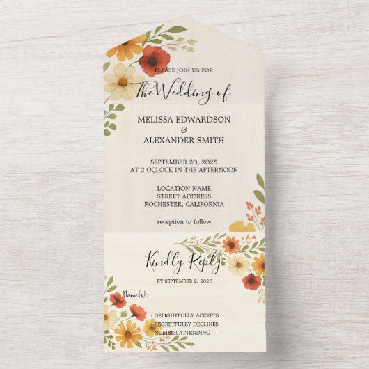 Rustieke elegante boho waterverf bloemenbruiloft all in one uitnodiging (Binnen)