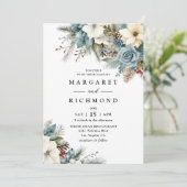 Rustieke Elegante Dusty Blue Floral Winter Wedding Kaart (Staand voorkant)