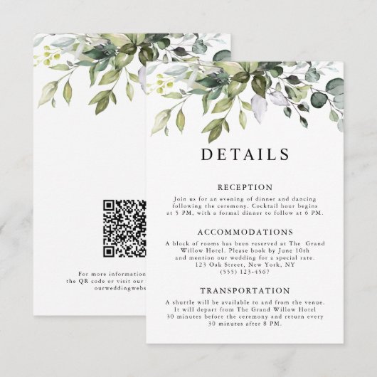 Rustieke Elegante Eucalyptusbladeren QR Code Trouw Informatiekaartje (Voorkant / Achterkant)