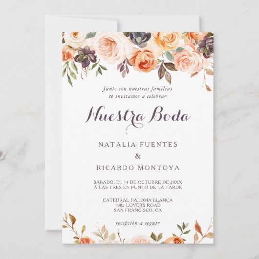 Rustieke Elegante Herfst Bloemen Spaans Bruiloft Kaart (Voorkant)