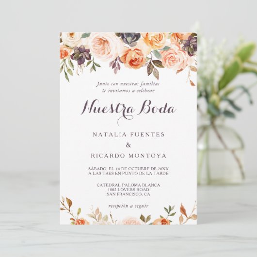 Rustieke Elegante Herfst Bloemen Spaans Bruiloft Kaart (Staand voorkant)