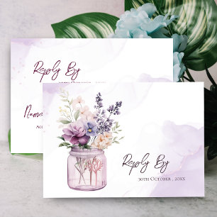 Rustieke Elegante Paarse Bloemen In Mason Jar Wedd RSVP Kaartje
