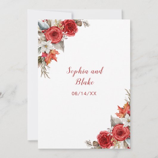 Rustieke Elegante Rode Rozen Herfst Wit Bruiloft Kaart (Achterkant)