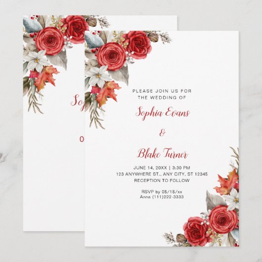 Rustieke Elegante Rode Rozen Herfst Wit Bruiloft Kaart (Voorkant / Achterkant)