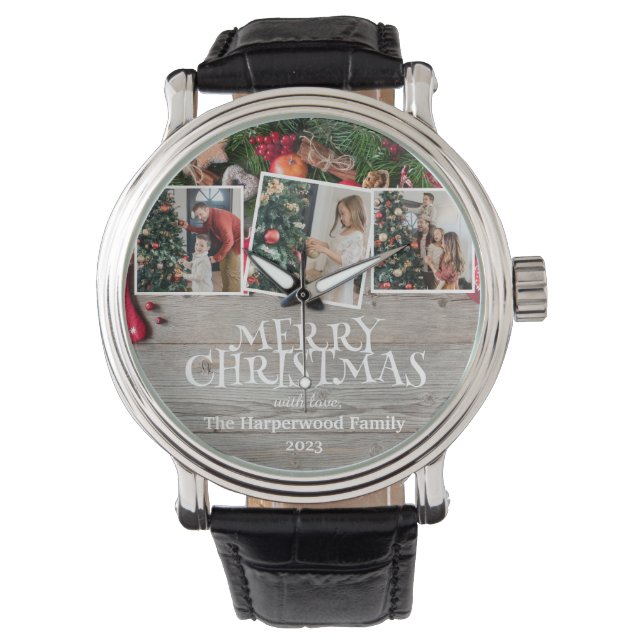 Rustieke Elegante Vreugde Kerstmis Familie Foto Co Horloge (Voorkant)