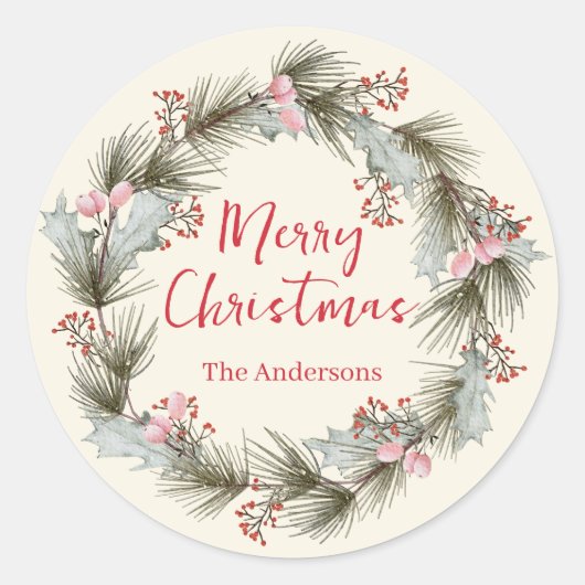 Rustieke Elegante Waterverf Kerstkrans Ronde Sticker (Voorkant)