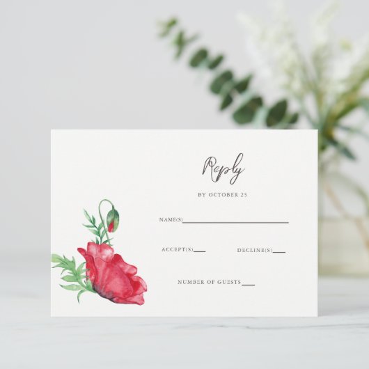 Rustieke Elegante Waterverf Script Rode Klaproos B RSVP Kaartje (Staand voorkant)