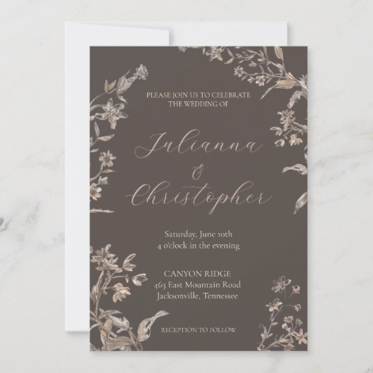 Rustieke Elegante Wildflowers Mocha Script Wedding Kaart (Voorkant)
