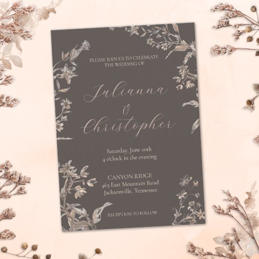 Rustieke Elegante Wildflowers Mocha Script Wedding Kaart