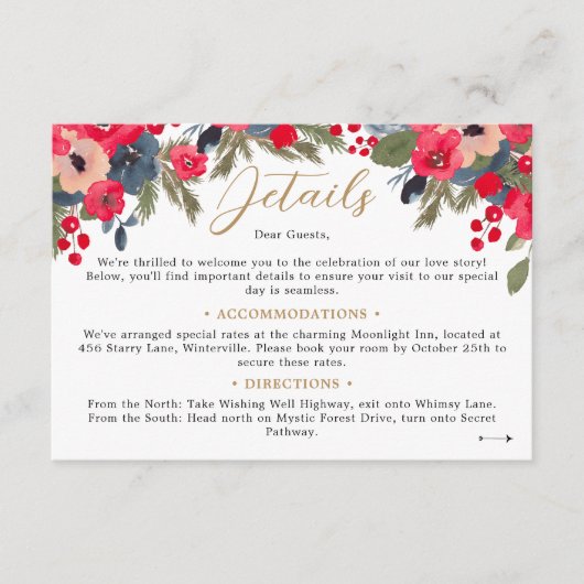 Rustieke Elegante Winter Bloemen Bruiloft details Informatiekaartje (Voorkant)