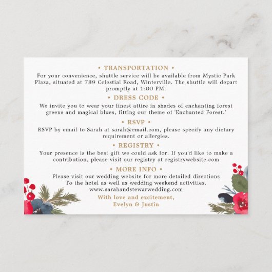 Rustieke Elegante Winter Bloemen Bruiloft details Informatiekaartje (Achterkant)