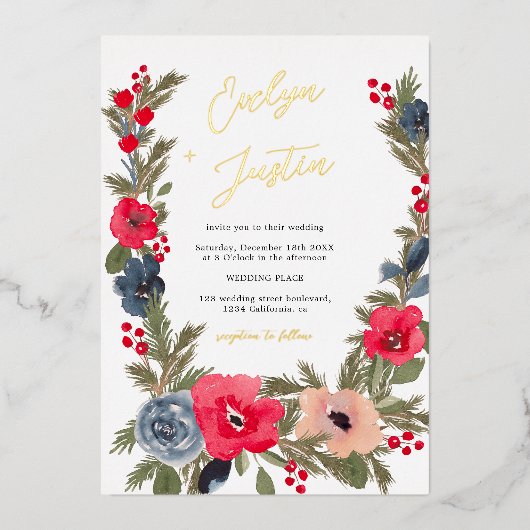 Rustieke Elegante Winter Bloemen Waterverf Bruilof Folie Uitnodiging (Voorkant)