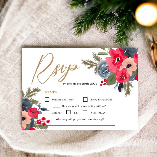 Rustieke Elegante Winter Bloemen Waterverf Bruilof RSVP Kaartje