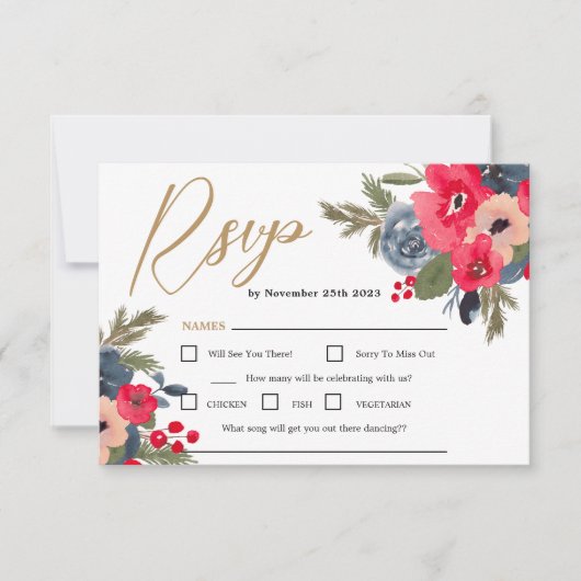 Rustieke Elegante Winter Bloemen Waterverf Bruilof RSVP Kaartje (Voorkant)