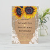 Rustieke elegante zonnebloem burlap en kant bruilo kaart (Staand voorkant)
