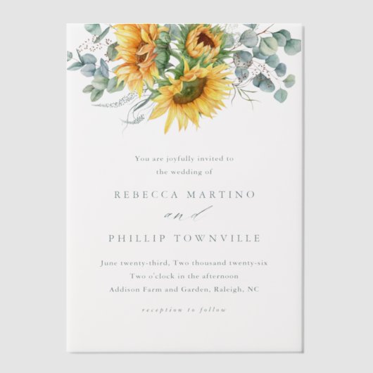 Rustieke Elegante Zonnebloem Eucalyptus Huwelijk Vellum Uitnodigingen (Voorkant)