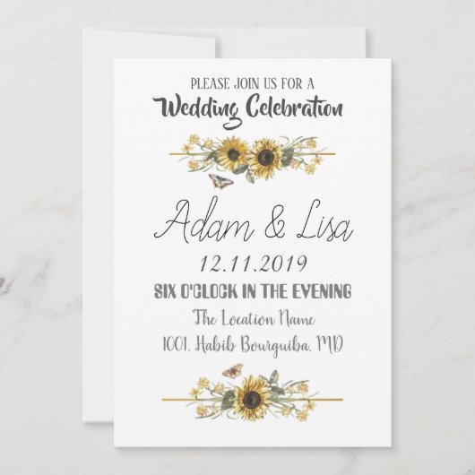 Rustieke & Elegante Zonnebloem Vlinder Bruiloft Kaart (Voorkant)