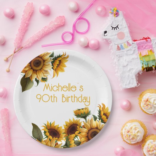 Rustieke Elegante Zonnebloemen Wit 90ste Verjaarda Papieren Bordje (Feest)