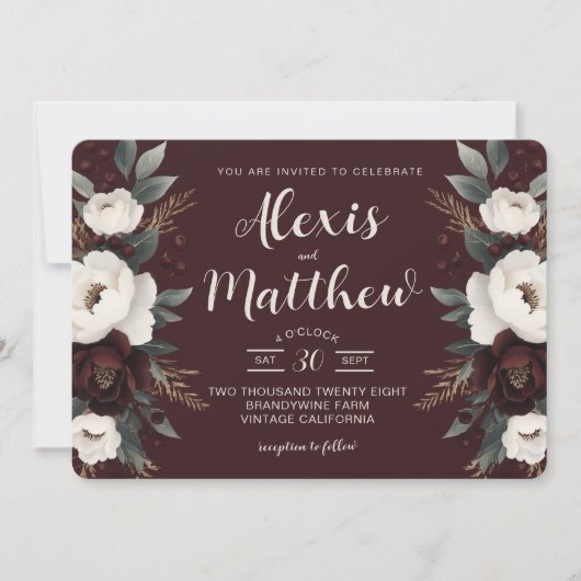 Rustieke Elegantie Bourgondië Bloemen Huwelijk Kaart (Voorkant)