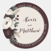 Rustieke Elegantie Bourgondische Bloemen Save The  Ronde Sticker (Voorkant)
