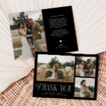 Rustieke Elegantie Foto Collage Bruiloft Zwart Bedankkaart<br><div class="desc">Rustieke en elegante bruiloft bedankpas met een typografische tekst die zegt "dank u" in een lettertype dat is gemengd met script en serif lettertypen. Deze sjabloon heeft 3 afbeeldingen aan de voorkant en 1 aan de achterkant. De achtergrondkleur is zwart.</div>