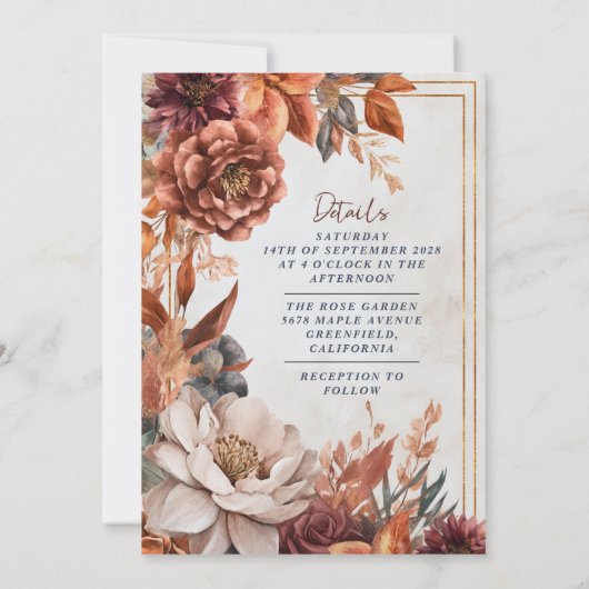 Rustieke elegantie, herfst bloemenbruiloft kaart (Achterkant)