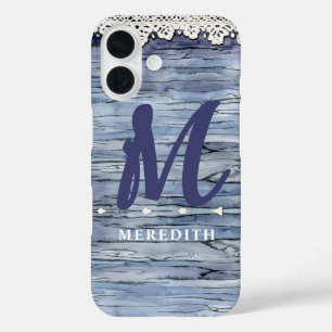 Rustieke Elegantie Monogram Kant Waterverf Barnwoo iPhone 16 Hoesje