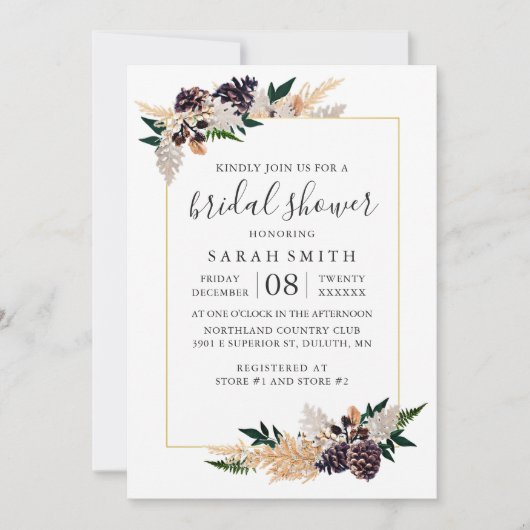 Rustieke Elegantie Pine Cone en Fern Vrijgezellenf Kaart (Voorkant)